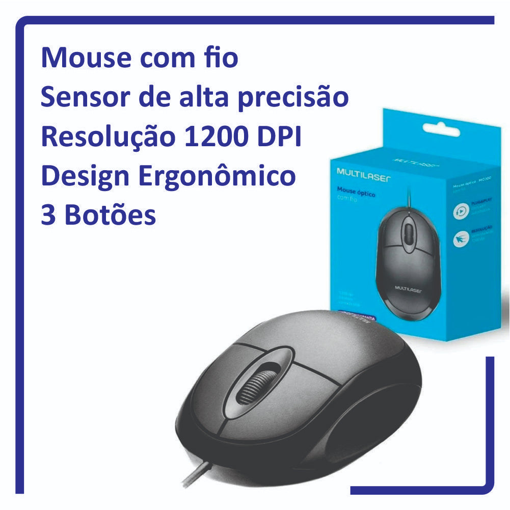 Mouse com Fio 1200DPI Cabo 120CM 3 Botões MO300 Multilaser