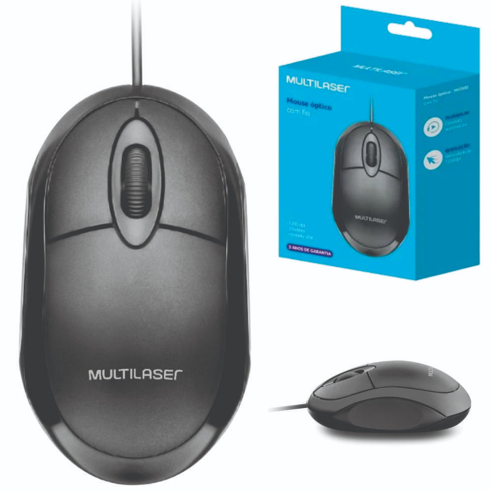 Mouse com Fio 1200DPI Cabo 120CM 3 Botões MO300 Multilaser