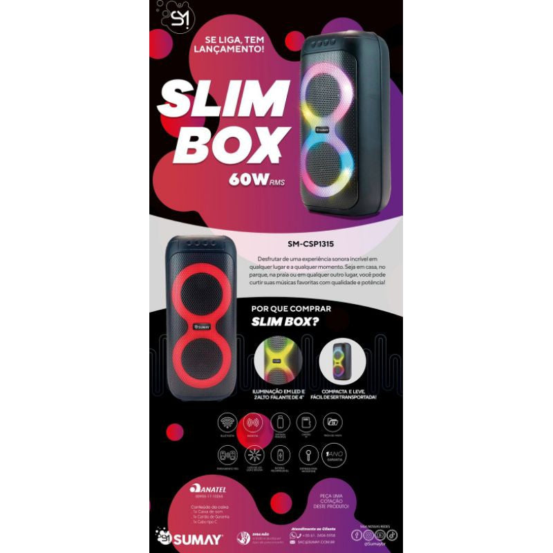 Caixa Som Portátil Bluetooth Tws Led Bateria 60w Slim Box