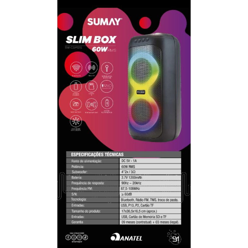 Caixa Som Portátil 60W Bluetooth TWS Bateria Slim Box Sumay