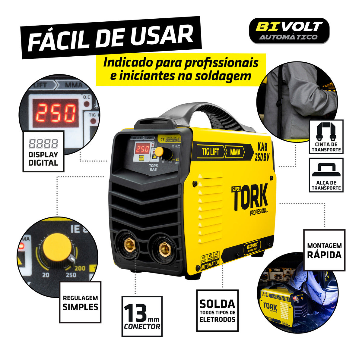 Inversor MMA 250 Amperes Bivolt KAB-250 IE-8250-BV - Tork