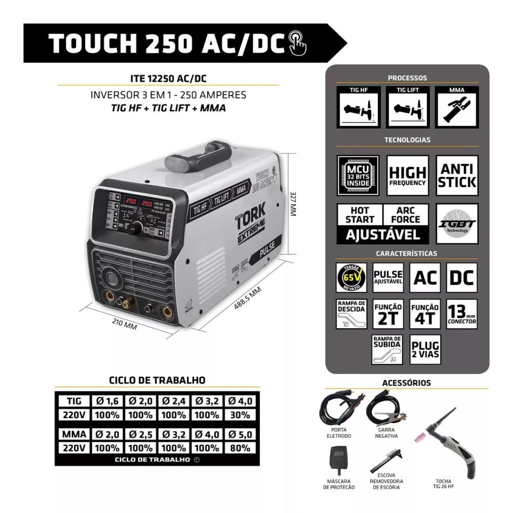 Máquina Solda Inversora Mma Tig Acdc 250 Amperes - Tork