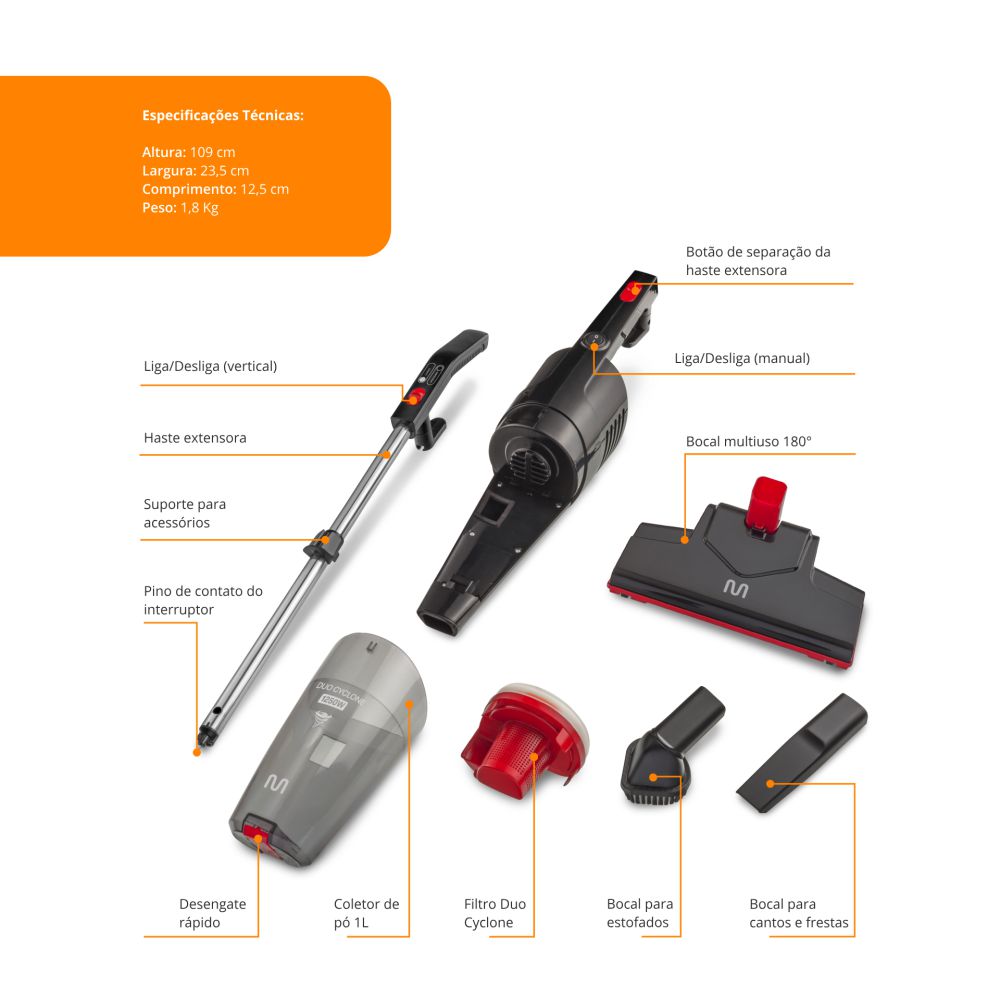 Aspirador De Pó Vertical Duo Cyclone 127v 1250w Ho430 Multi