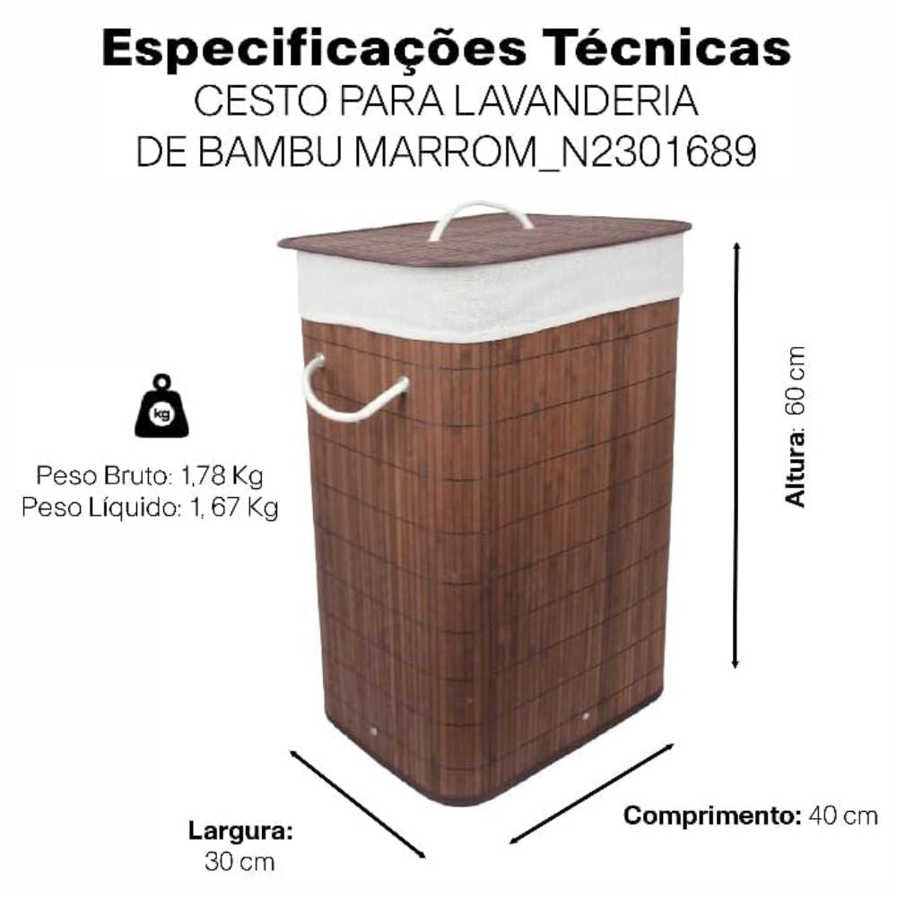 Cesto Lavanderia de Bambu Marrom 65 litros N2301689 Evolux