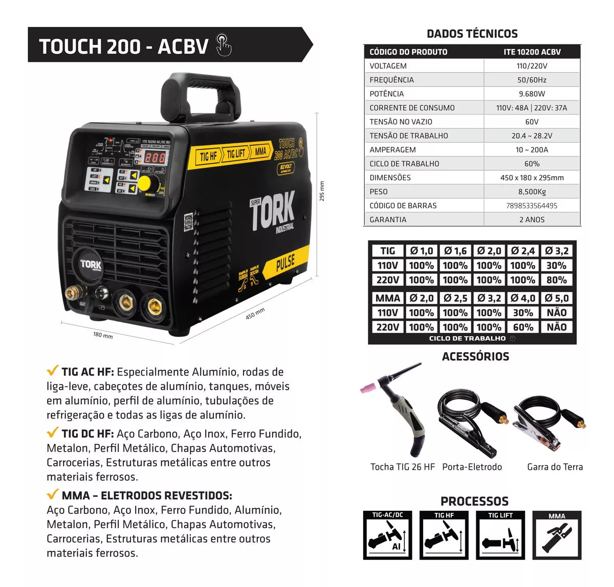 Maquina De Solda Inversora Mma Tig Aluminio Acdc 200a Tork