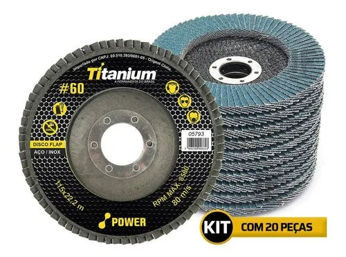 Kit com 20 Discos Flap 4 1/2x7/8 60 Graos - Titanium