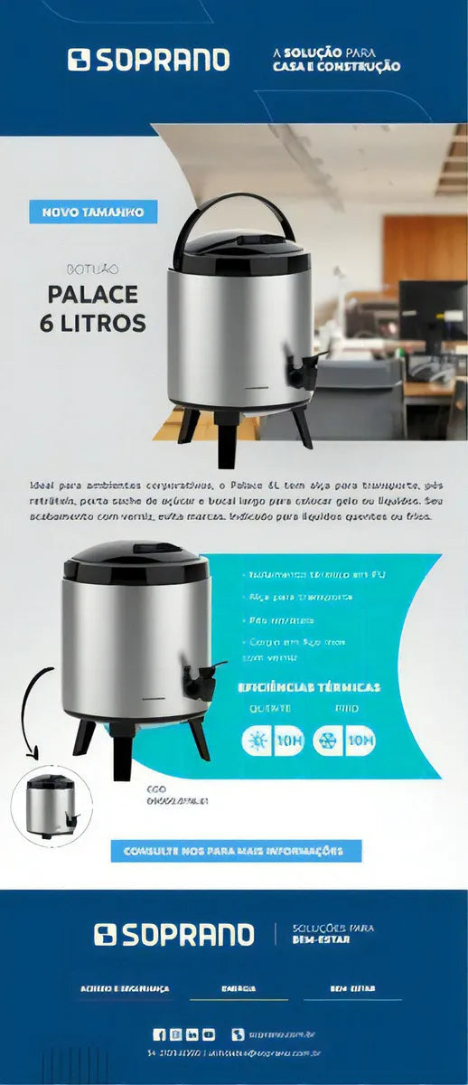 Garrafão Térmico Botijão Palace Inox 6 Litros - Soprano