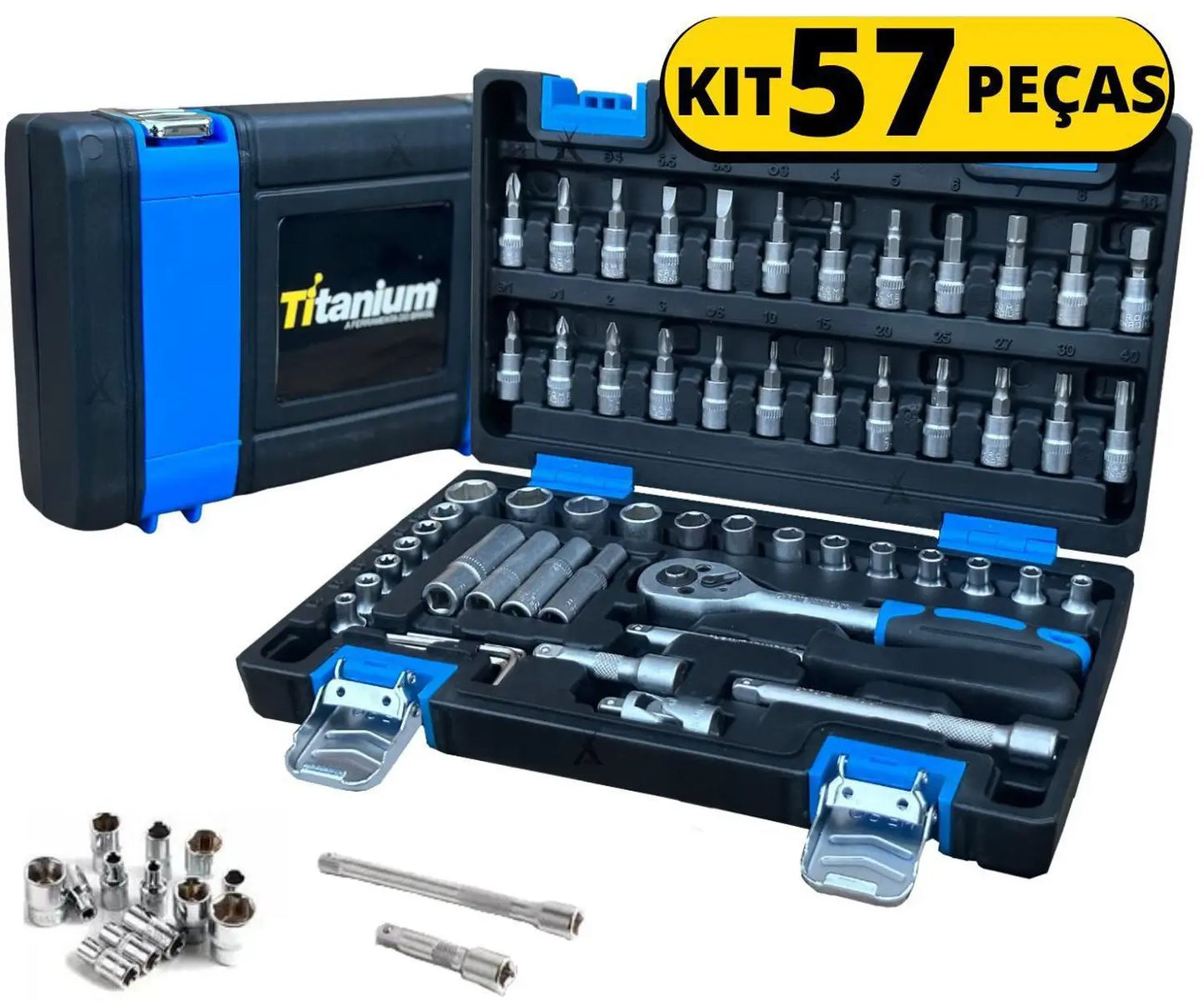 Jogo de Ferramentas com 57 Peças 1/4 Cromo Titanium