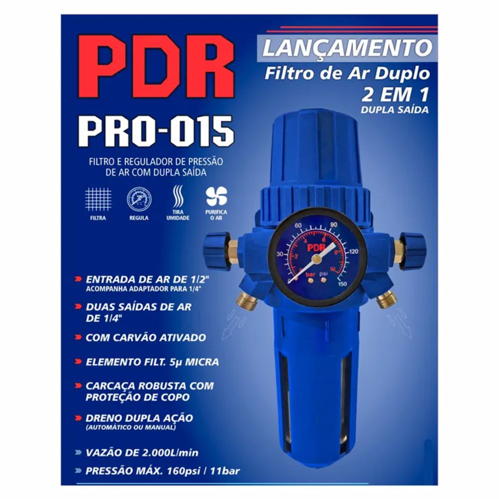 Filtro Regulador De Ar Manômetro Entrada 1/2 - 1/4 Pol PDR