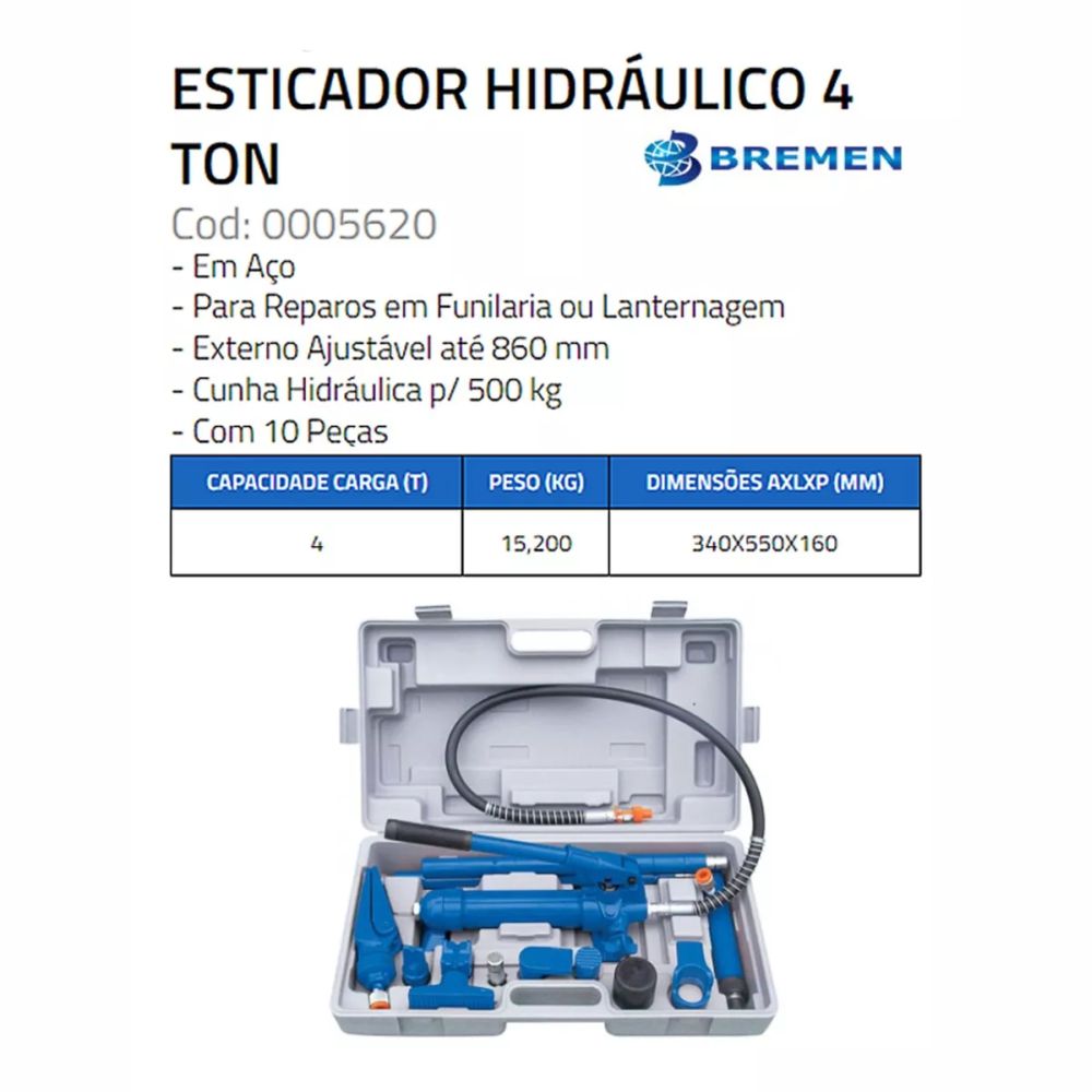 Esticador Hidráulico 4 Toneladas C/ 14 Peças - Bremen