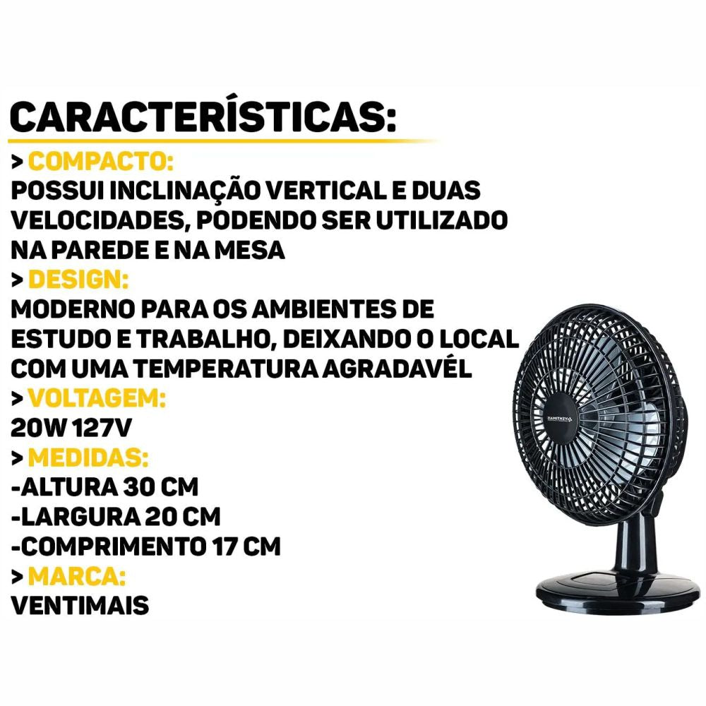 Ventilador Mini Turbo 20cm Preto/Prata 127V Ventimais 70056