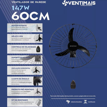 Ventilador De Parede Oscilante Light 60cm Ventimais 220v