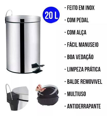 Lixeira Ágata 20 Litros - Inox - Pedal - 008224 - Mor