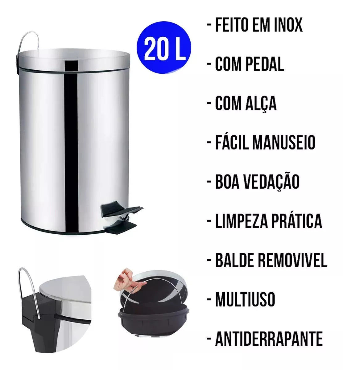 Lixeira Ágata 20 Litros - Inox - Pedal - 008224 - Mor