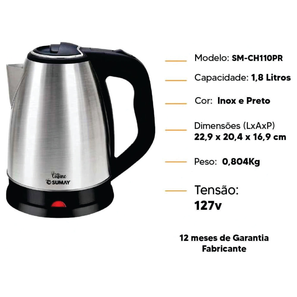 Chaleira Elétrica Inox 1,8 Litros - 220V - SM-CH220PR Sumay