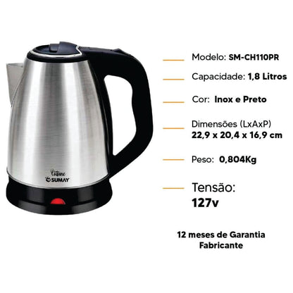 Chaleira Elétrica Inox 1,8 Litros - 220V - SM-CH220PR Sumay