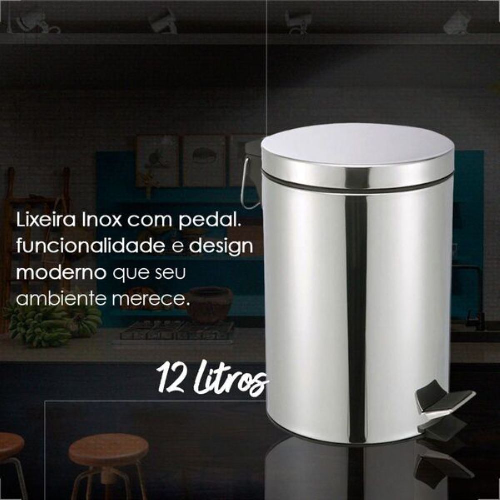 Lixeira Redonda 12 Litros Aço Inox Com Pedal 224731 Kala
