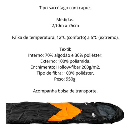 Saco De Dormir Camping Poliéster 5c A 12c Extremo Com Capuz