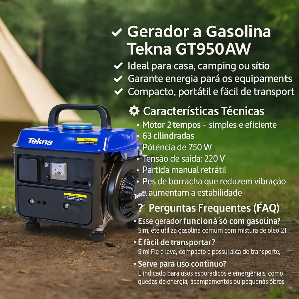 Gerador Portátil Tekna Gt950aw 750w Monofásico 220v