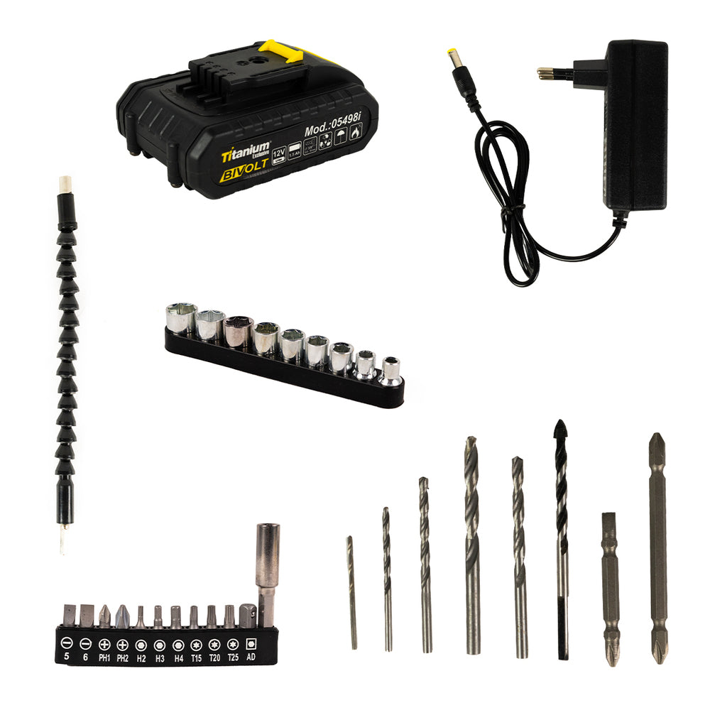 Parafusadeira Bateria 12V Impacto C/34 Peças Titanium 05784
