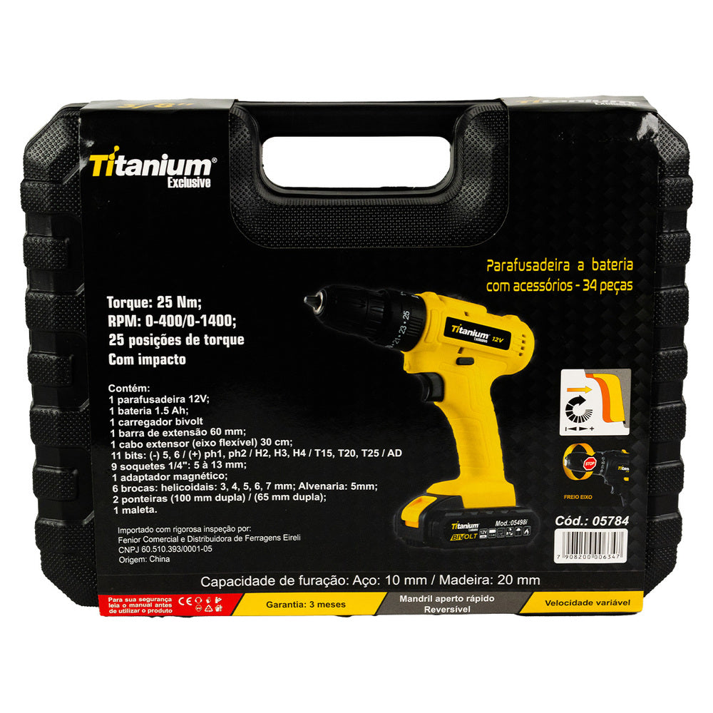 Parafusadeira Bateria 12V Impacto C/34 Peças Titanium 05784