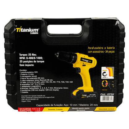 Parafusadeira Bateria 12V Impacto C/34 Peças Titanium 05784