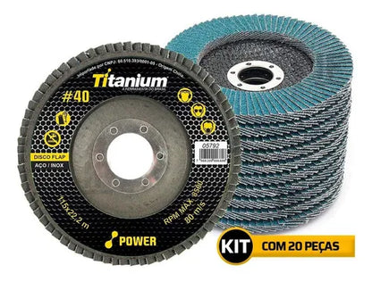 Kit com 20 Discos Flap 4 1/2x7/8 40 Graos - Titanium