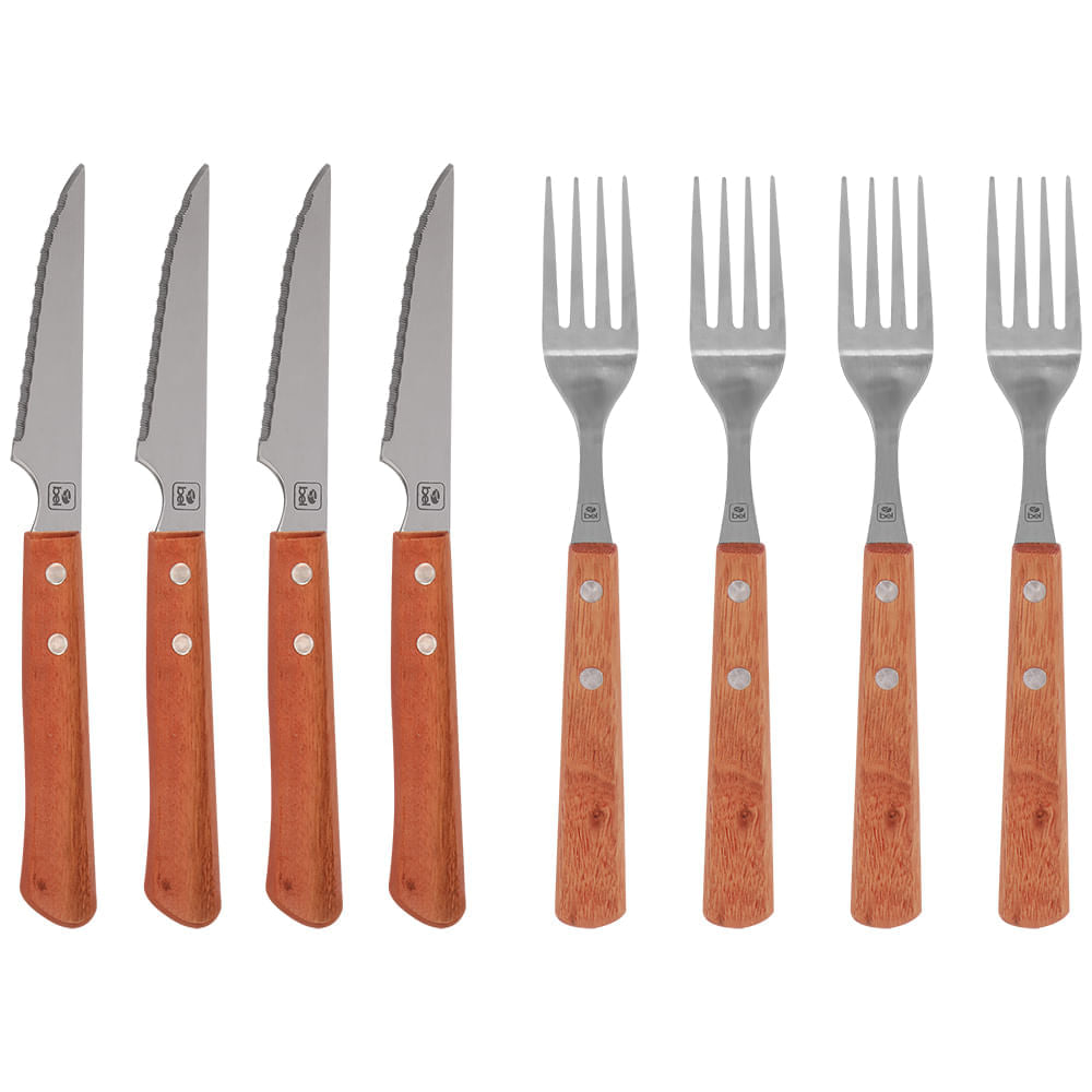 Jogo De Talheres Para Churrasco Inox C/ Cabo De Madeira 8pçs