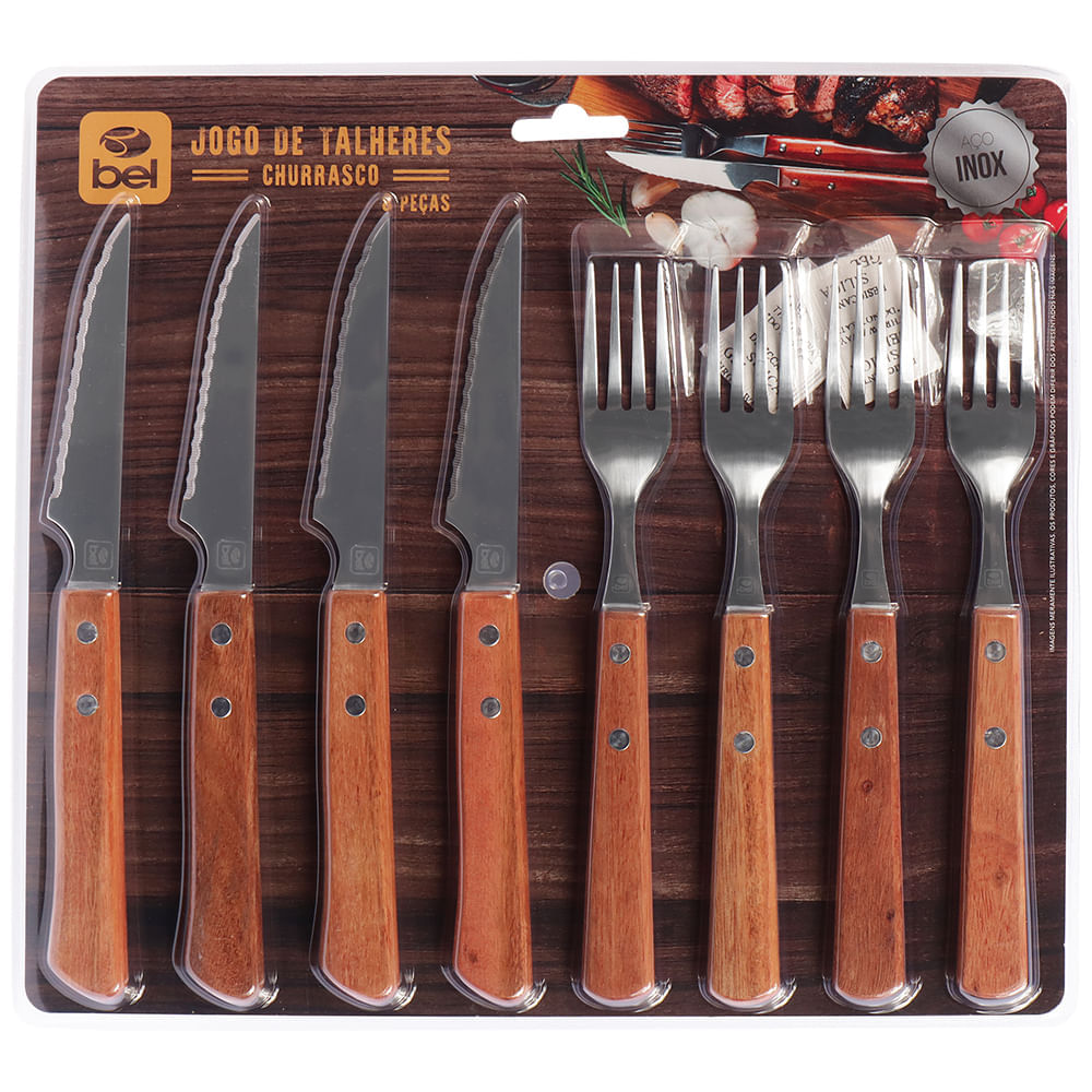 Jogo De Talheres Para Churrasco Inox C/ Cabo De Madeira 8pçs