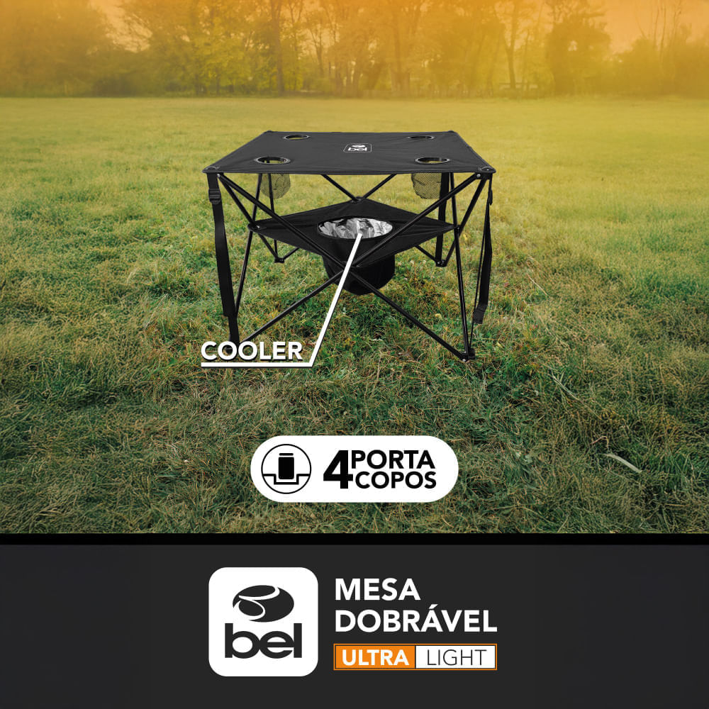 Mesa Dobrável Ultra Light Preta Porta Copos e Coller Bel