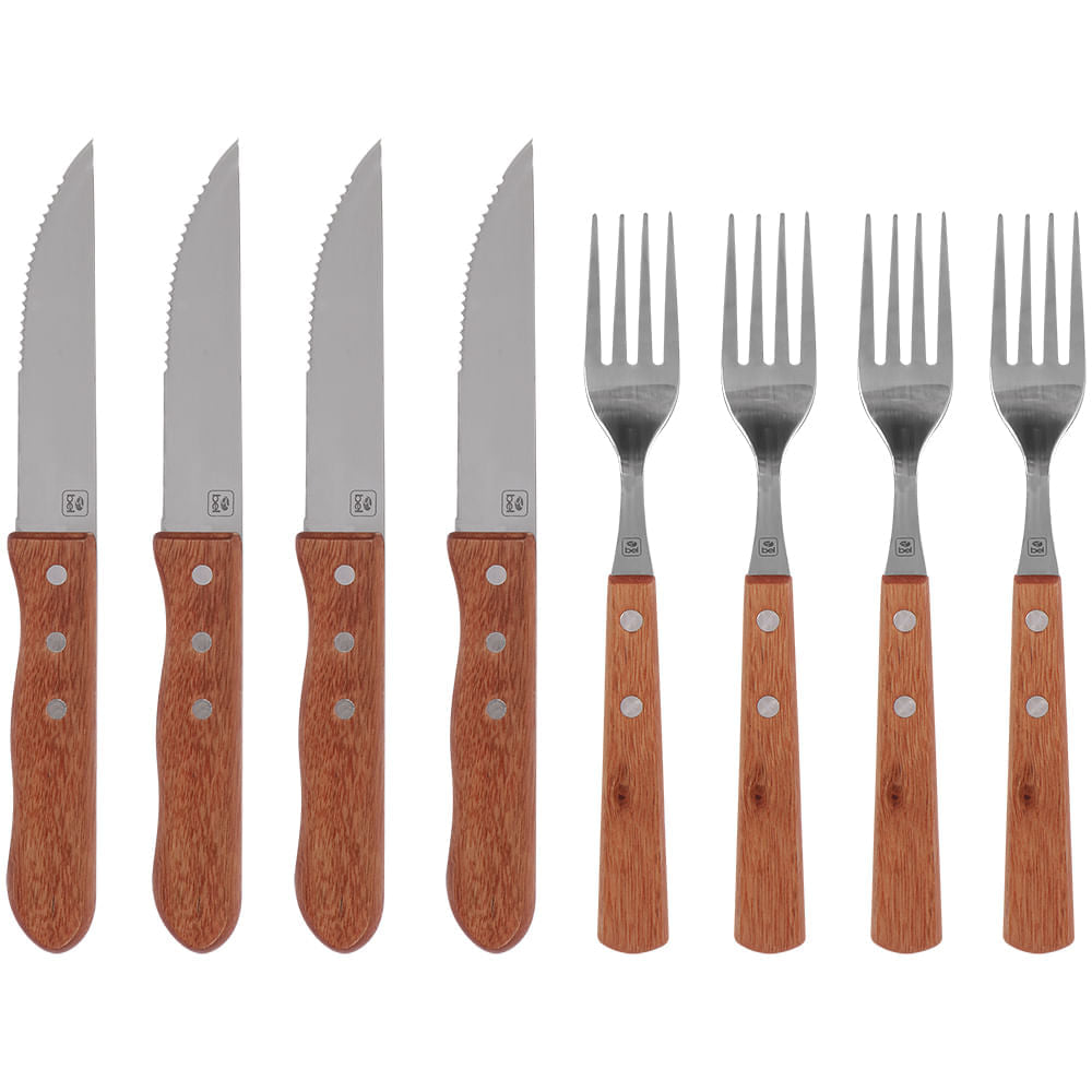 Jogo de Talheres Inox Cabo Madeira P/ Churrasco 8 peças Bel