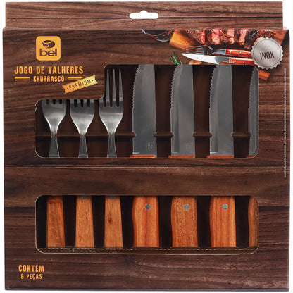 Jogo de Talheres Inox Cabo Madeira P/ Churrasco 8 peças Bel