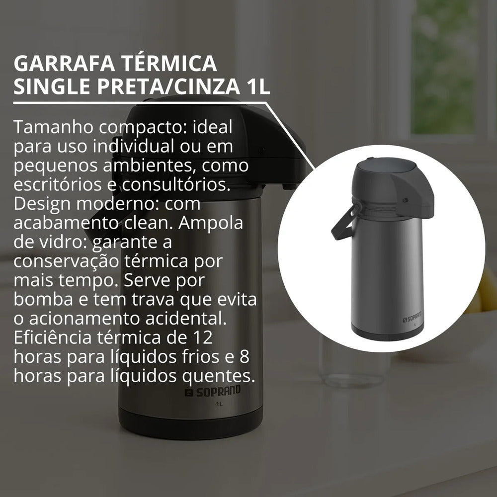GARRAFA TERMICA SINGLE 1L PRETA/CINZA SOPRANO - 09000.0114.68