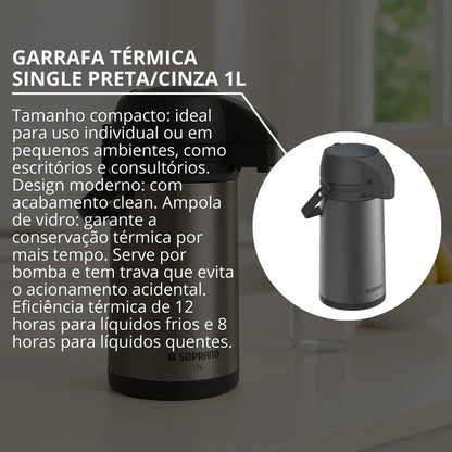 GARRAFA TERMICA SINGLE 1L PRETA/CINZA SOPRANO - 09000.0114.68